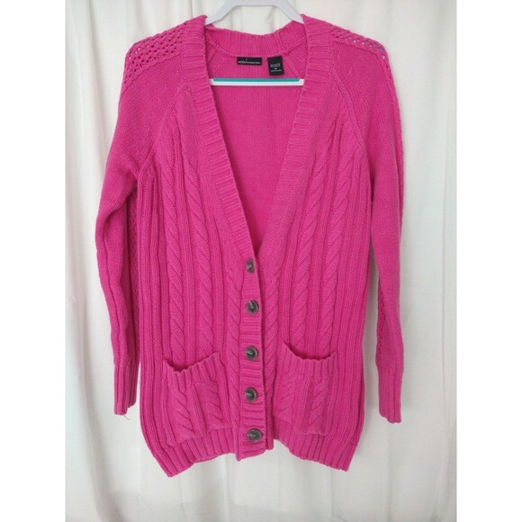 VTG Moda Intl Sweater size Med PINK Med Cable Fisherman Cardigan chore pockets - Picture 1 of 13